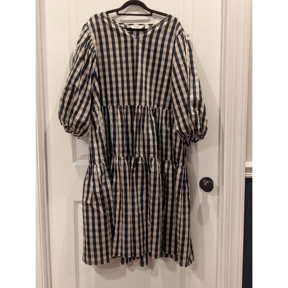 & Other Stories Gingham Tiered Mini Dress Puff Sleeve Navy Beige Large - Picture 2 of 6